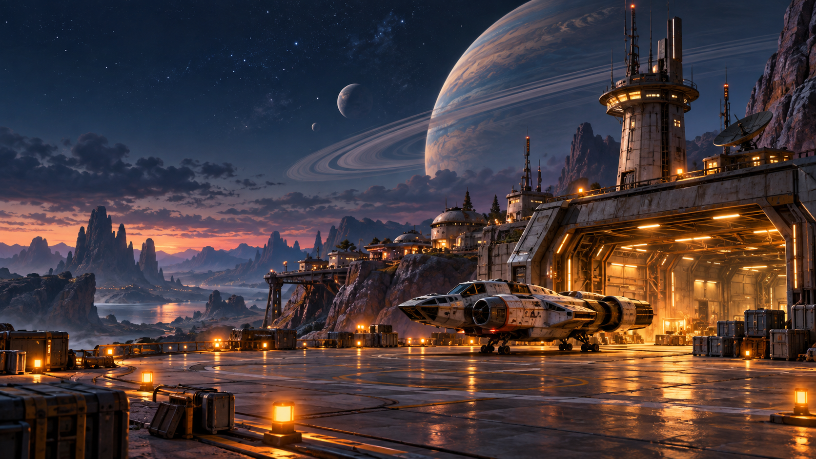 A warm, illuminated outpost beneath a star-filled alien sky